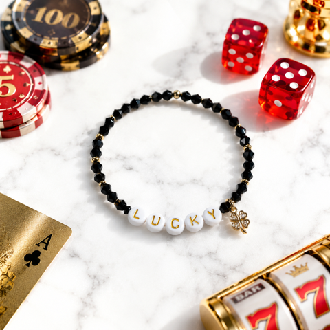 Lucky Gambling Golfers, "Lucky", Women's Premium Black and Gold Beaded Bracelet