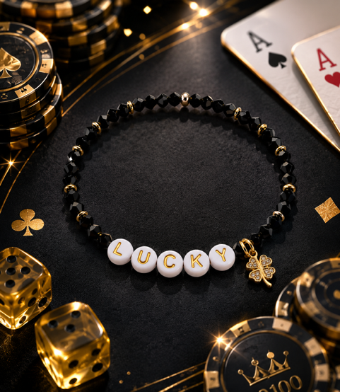 Lucky Gambling Golfers, "Lucky", Women's Premium Black and Gold Beaded Bracelet