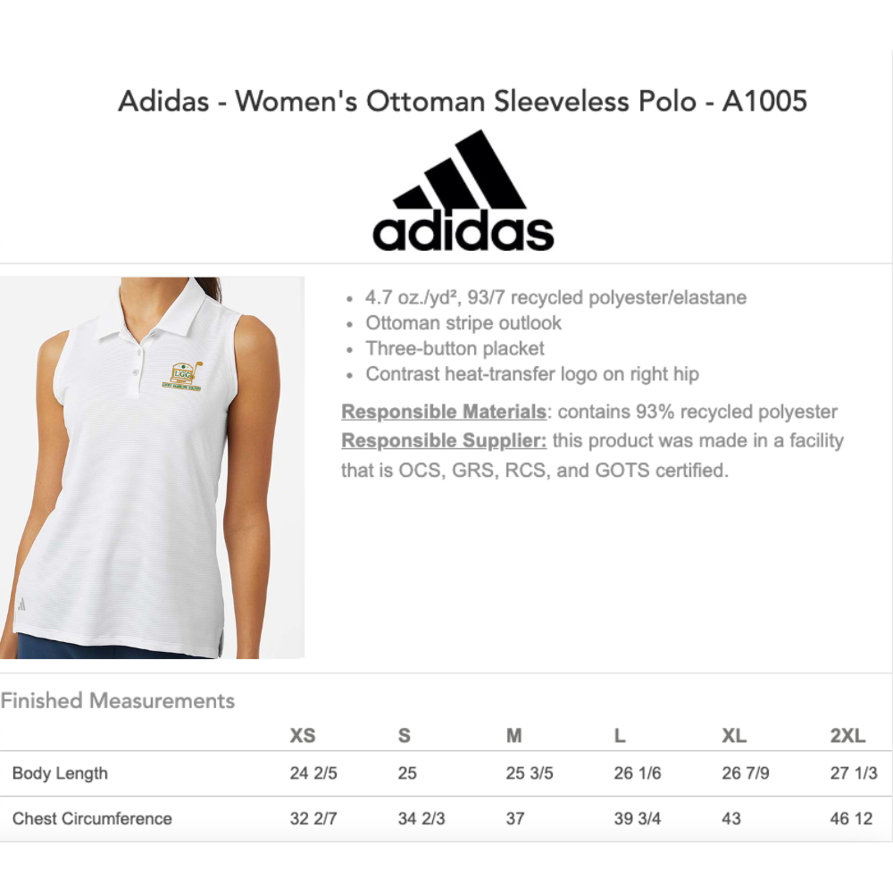 Lucky Gambling Golfers, Slot Machine Logo, Adidas Women's Sleeveless Polo - Size Chart