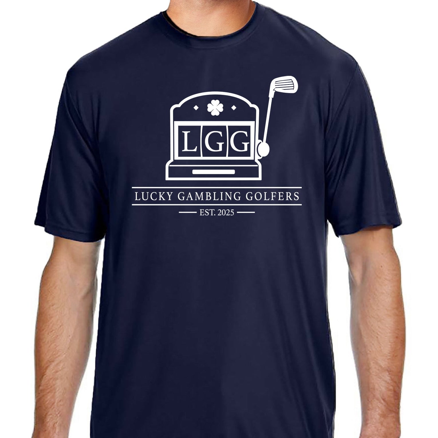 Lucky Gambling Golfers, Slot Machine Logo, A4 Cooling Performance Short Sleeve T-Shirt - Navy