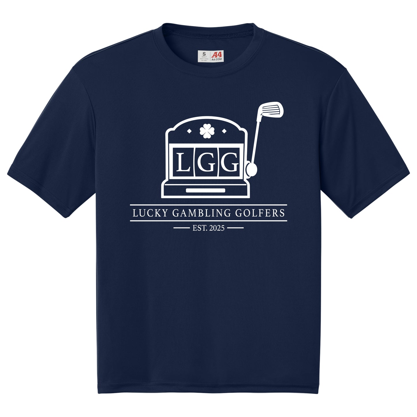 Lucky Gambling Golfers, Slot Machine Logo, A4 Cooling Performance Short Sleeve T-Shirt - Navy