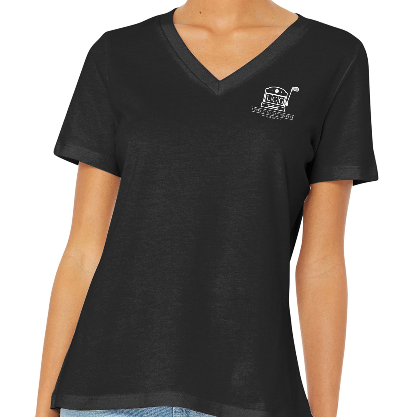 Lucky Gambling Golfers, Slot Machine Logo, Women’s Relaxed Jersey Short Sleeve V-Neck T-Shirt