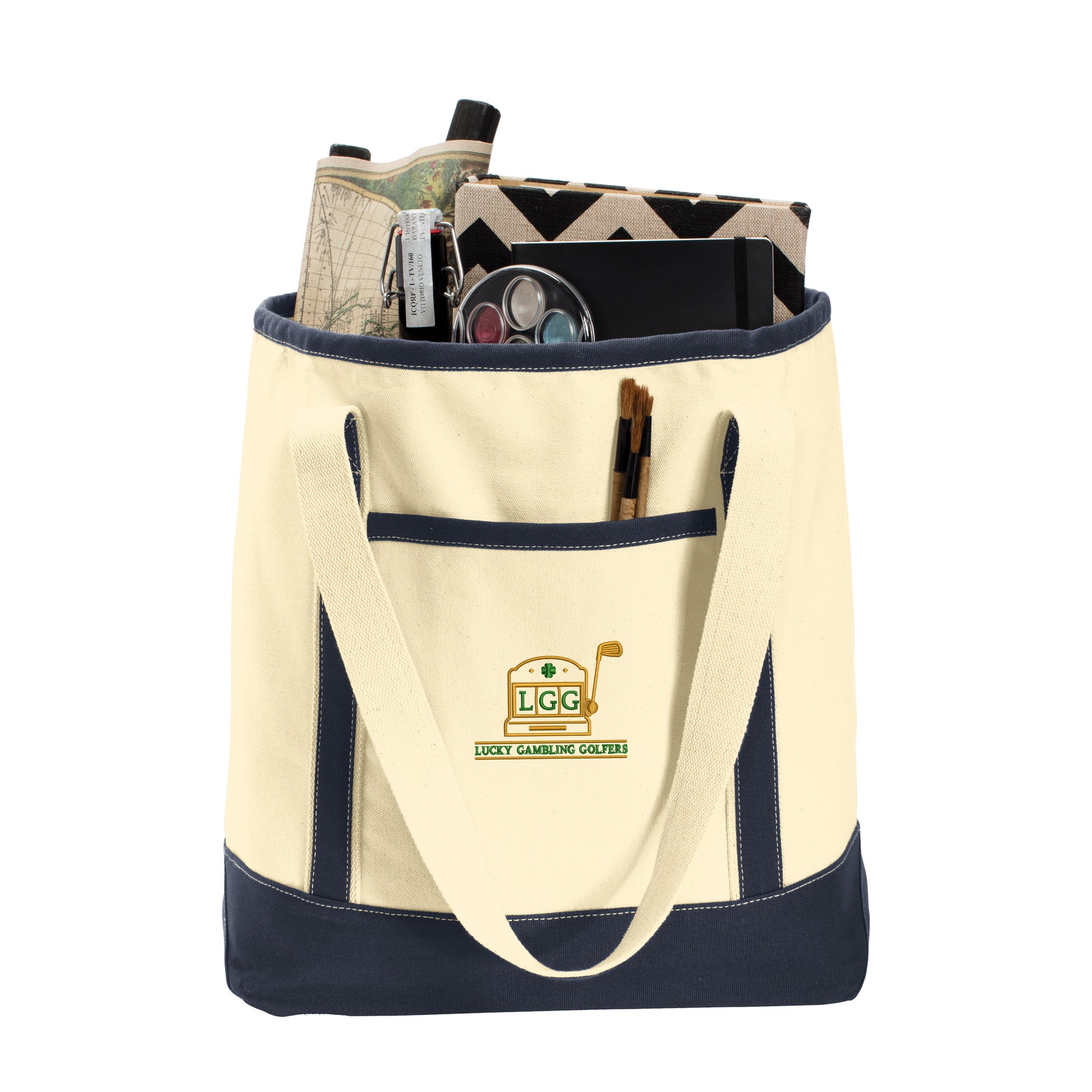Lucky Gambling Golfers, Slot Machine Logo, Large Cotton Canvas Tote