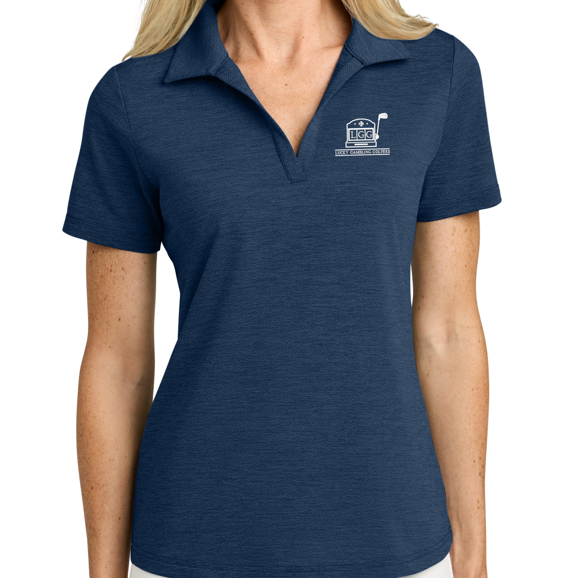 Lucky Gambling Golfers, Light Blue, TravisMathew Women’s Onward Polo - Navy
