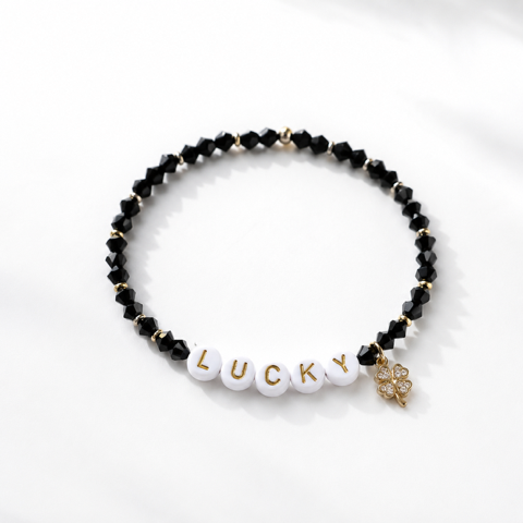 Lucky Gambling Golfers, "Lucky", Women's Premium Black and Gold Beaded Bracelet